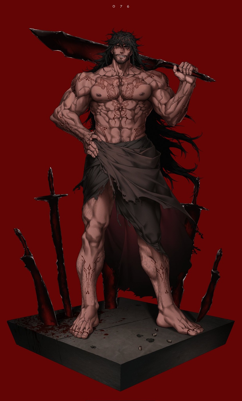 1boy abs bara biceps dark_skin dobek_k full-body_tattoo hand_on_own_hip highres holding holding_sword holding_weapon huge_pectorals long_hair looking_at_viewer male_focus manly mature_male muscular muscular_male nipples pectorals planted planted_sword red_background red_eyes scp-076-2 scp_foundation sharp_teeth simple_background skirt solo spiked_hair sword tattoo teeth thick_arms thick_eyebrows thick_thighs thighs topless_male torn torn_clothes veins weapon