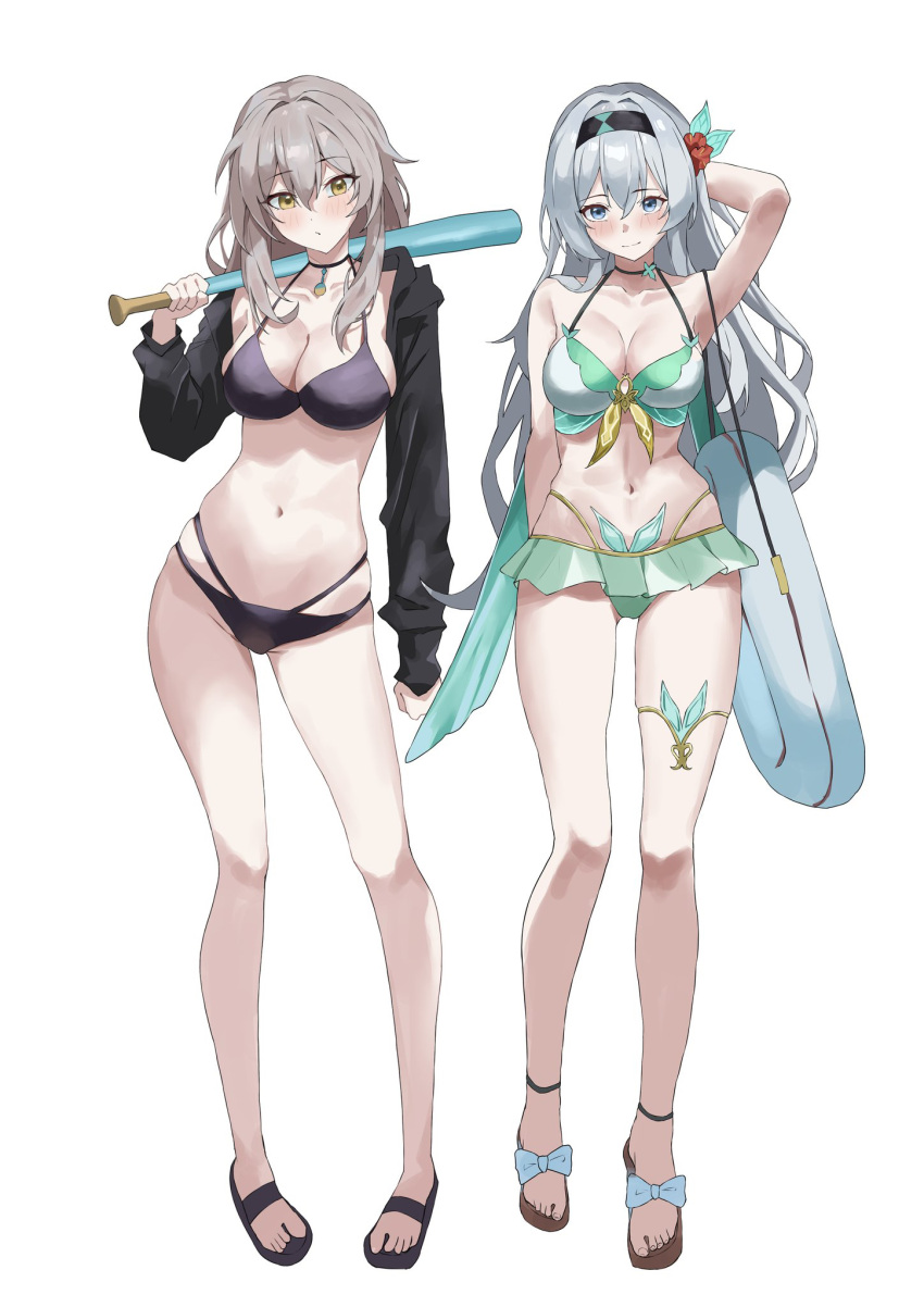 2girls alternate_costume aqua_bikini arm_behind_back armpits bare_shoulders baseball_bat bikini black_bikini black_footwear black_hairband black_jacket breasts cleavage closed_mouth cropped_jacket firefly_(honkai:_star_rail) full_body grey_hair hair_between_eyes hair_ornament hairband hand_up higashiwun_izumi highres holding holding_baseball_bat honkai:_star_rail honkai_(series) jacket long_hair long_sleeves looking_at_viewer multicolored_eyes multicolored_hair multiple_girls navel parted_lips sandals simple_background smile standing stelle_(honkai:_star_rail) stomach swimsuit trailblazer_(honkai:_star_rail) white_background yellow_eyes