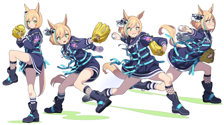 absurdres animal_ears baseball baseball_mitt blonde_hair blue_footwear blue_hair blue_jacket blurry blurry_background boots commentary_request female fishnets full_body green_eyes highres horse_ears horse_girl horse_tail jacket little_cocon_(umamusume) long_sleeves multicolored_hair multiple_views nishiki_kazue o-ring open_mouth outdoors pendant_choker short_hair socks streaked_hair striped_clothes striped_socks tail teeth umamusume upper_teeth_only