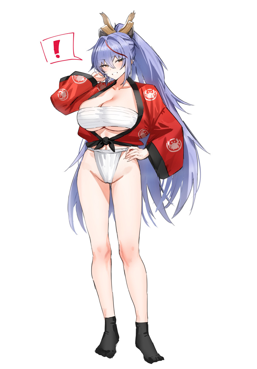 ! absurdres akafuyu_(arknights) alternate_costume arknights black_socks blue_hair blush breasts chest_sarashi commentary_request crab_print female full_body fundoshi hair_intakes hand_on_own_hip highres horn/wood japanese_clothes large_breasts long_hair looking_at_viewer multicolored_hair red_hair red_shirt sarashi shirt simple_background smile socks solo spoken_exclamation_mark standing streaked_hair thighs tied_shirt white_background