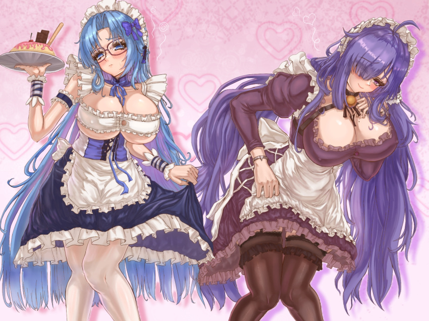 2girls alsace_(azur_lane) alternate_costume apron azur_lane back_bow bespectacled black-framed_eyewear black_choker blue_dress blue_eyes blue_hair blush bow breasts brown_thighhighs chinese_commentary chocolate choker commentary_request dress enmaided eyes_visible_through_hair food_request frilled_apron frilled_dress frills glasses hair_over_one_eye hanging_breasts heart heart_background highres holding holding_plate huge_breasts juliet_sleeves large_breasts leaning_forward long_hair long_sleeves looking_at_viewer maid maid_apron maid_headdress mogador_(azur_lane) multiple_girls pantyhose plate puffy_sleeves purple_dress purple_eyes purple_hair rectangular_eyewear sleeveless sleeveless_dress thighhighs very_long_hair white_apron white_bow white_pantyhose zuguo_de_xi_lanhua