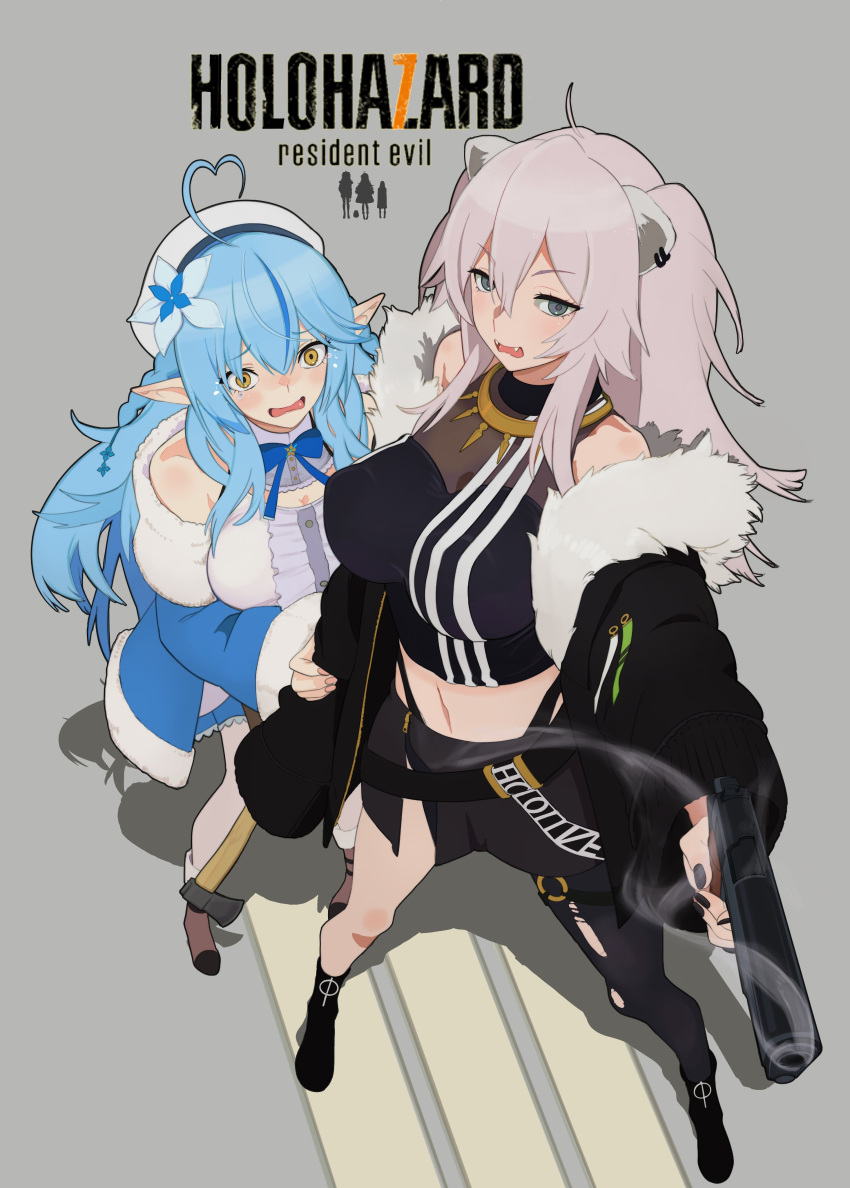 2girls absurdres ahoge animal_ears beret black_jacket black_shirt blue_coat blue_hair blue_nails blush breasts cleavage coat fur-trimmed_coat fur-trimmed_jacket fur_trim grey_eyes grey_hair gun hat heart heart_ahoge highres hololive jacket large_breasts lion_ears lion_girl long_hair looking_at_viewer multicolored_hair multiple_girls open_mouth pointy_ears resident_evil resident_evil_7:_biohazard shirt shishiro_botan shishiro_botan_(1st_costume) sidelocks streaked_hair virtual_youtuber weapon wr_(karakusa_senbei) yellow_eyes yukihana_lamy yukihana_lamy_(1st_costume)