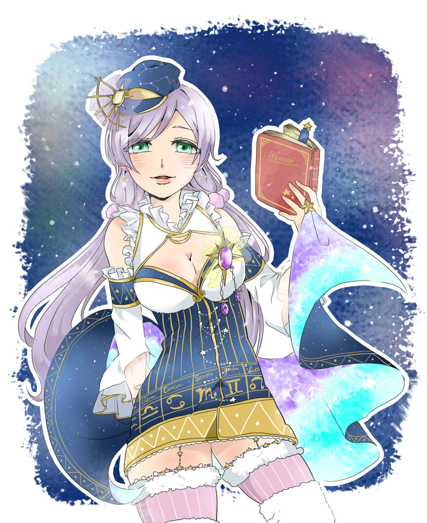 aquarius_(symbol) blue_headwear blush book breasts bridal_gauntlets cancer_(symbol) cleavage commentary_request constellation constellation_costume constellation_print cowboy_shot detached_sleeves female fur-trimmed_thighhighs fur_trim garter_straps gemini_(constellation) gemini_(symbol) green_eyes hair_ornament hair_scrunchie highres holding holding_book idol idol_clothes kashikaze large_breasts libra_(symbol) long_hair looking_at_viewer love_live! love_live!_school_idol_festival love_live!_school_idol_project low_twintails open_mouth outline pink_thighhighs purple_hair purple_scrunchie scorpio_(symbol) scrunchie solo star_(symbol) thighhighs tojo_nozomi twintails white_outline wide_sleeves zettai_ryouiki