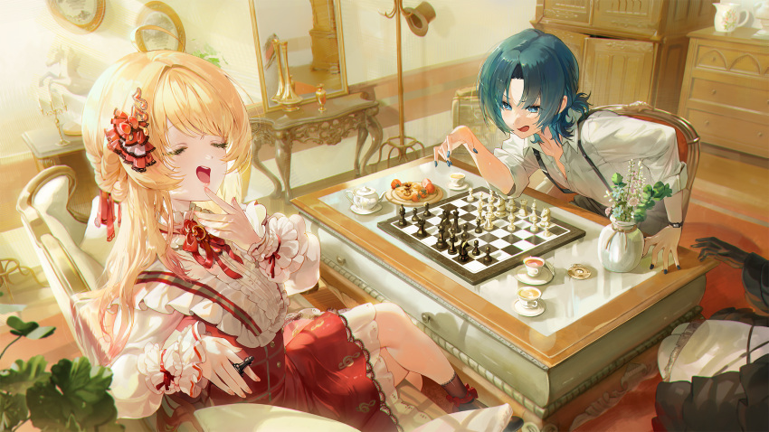 3girls black_dress black_gloves blonde_hair blue_eyes blue_hair blue_nails chest_of_drawers collared_shirt crossed_legs cup dotori_(seulseul) dress eyelashes flower gloves hair_between_eyes hair_ribbon hat highres hiodoshi_ao hololive hololive_dev_is indoors juufuutei_raden laughing lolita_fashion long_hair long_sleeves mirror multiple_girls ojou-sama_pose on_chair open_mouth otonose_kanade playing_chess red_ribbon ribbon shirt short_hair sitting smile suspenders table teacup teeth top_hat upper_teeth_only vase virtual_youtuber watch white_flower white_shirt wristwatch