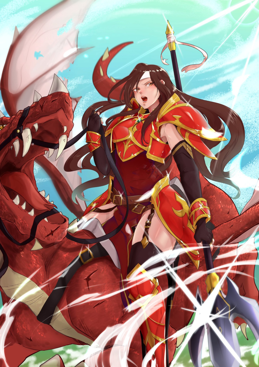 altena_(fire_emblem) armor brown_hair dragon_riding female fire_emblem fire_emblem:_genealogy_of_the_holy_war gae_bolg_(fire_emblem) hairband highres holding holding_polearm holding_weapon open_mouth polearm red_armor solo thighhighs vialnite weapon white_hairband