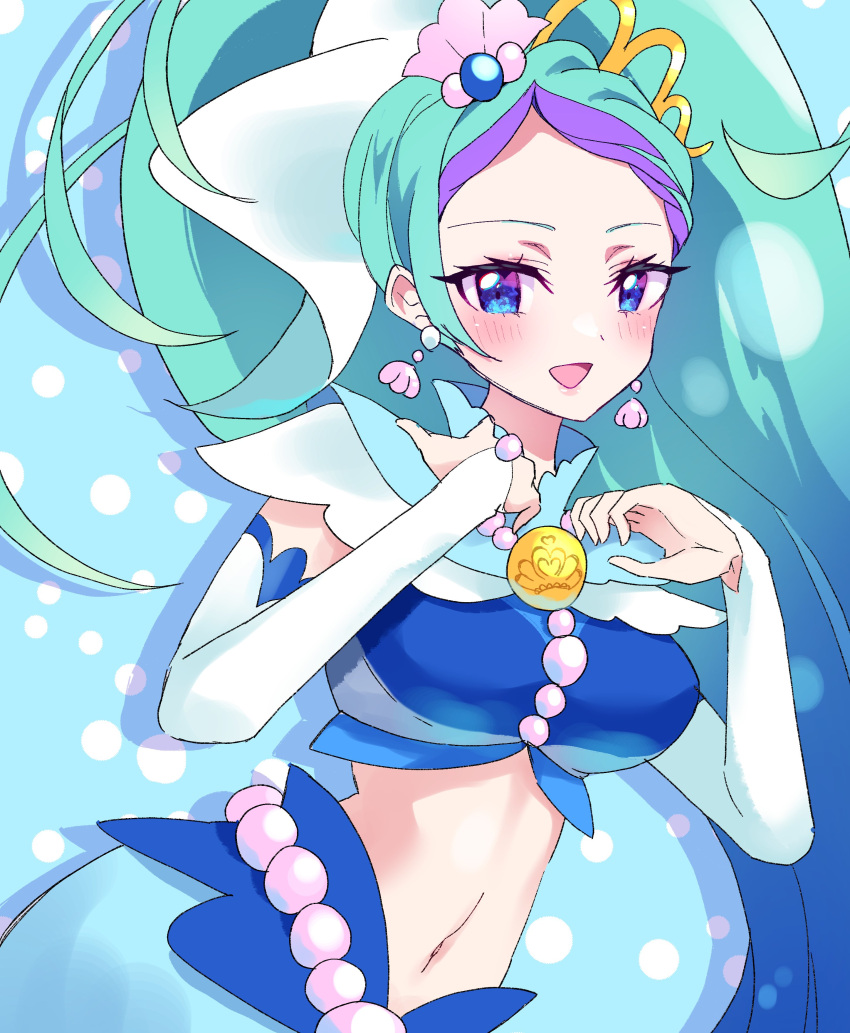 absurdres arm_warmers blue_eyes blue_hair bow breasts brooch cure_mermaid earrings female gem go!_princess_precure highres jewelry kaidou_minami long_hair looking_at_viewer magical_girl medium_breasts mermaid_dress midriff mikorin multicolored_hair navel open_mouth pearl_(gemstone) precure purple_hair shell shell_earrings shell_hair_ornament smile solo streaked_hair tiara two-tone_hair very_long_hair waist_bow