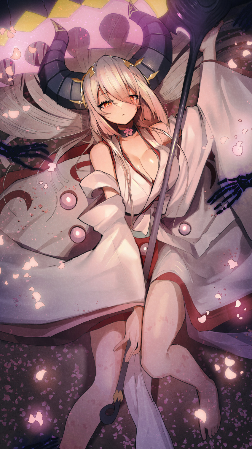 absurdres bare_shoulders breasts choker cleavage detached_sleeves duel_monster female foot_out_of_frame grey_hair highres holding holding_scythe horns japanese_clothes large_breasts long_hair lying on_back on_ground red_blossoms_from_underroot red_eyes ro_g_(oowack) scythe slit_pupils solo terrors_of_the_afterroot wide_sleeves yu-gi-oh!