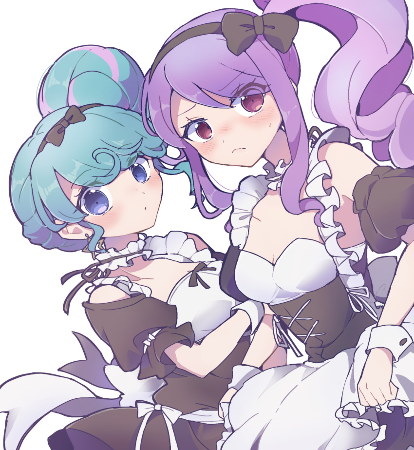 2girls apron black_bow black_dress black_hairband blue_eyes blue_hair blush bow breasts choker cleavage closed_mouth commentary_request corset detached_sleeves dress dual_persona frilled_choker frills frown hair_bun hairband highres junon_(pripara) long_hair looking_at_viewer maid multicolored_hair multiple_girls nojima_minami pink_hair pinon_(pripara) pretty_series pripara puffy_short_sleeves puffy_sleeves purple_hair red_eyes short_sleeves side_ponytail sidelocks simple_background single_hair_bun small_breasts streaked_hair sweatdrop white_apron white_background wrist_cuffs