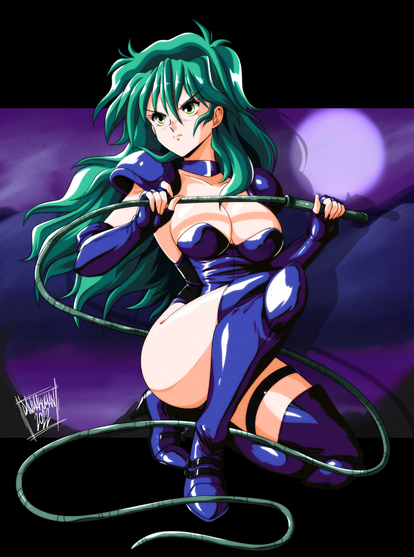 1990s_(style) artist_name blue_footwear blue_gloves blue_leotard boots breasts cleavage danmakuman elbow_gloves female fingerless_gloves gloves green_eyes green_hair hair_between_eyes hands_up highres holding holding_weapon holding_whip leotard long_hair on_one_knee retro_artstyle rustea_sprincul rusty_(pc-98) signature solo thigh_strap weapon