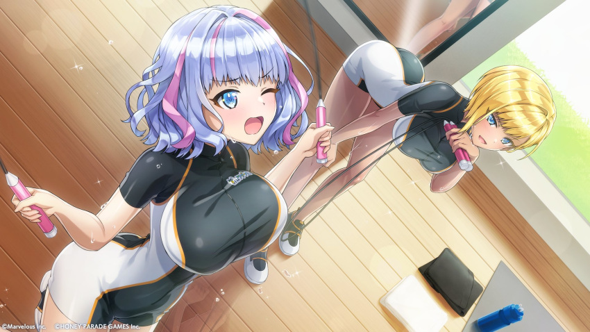 2girls bent_over blonde_hair blue_eyes bottle bouncing_breasts breasts dark-skinned_female dark_skin dolphin_wave highres jump_rope kukuri_tomo large_breasts mirror multicolored_hair multiple_girls murahaya_mashio official_art one_eye_closed ootomo_takuji purple_eyes shoes short_hair skin_tight streaked_hair sweatdrop swept_bangs water_bottle wavy_hair