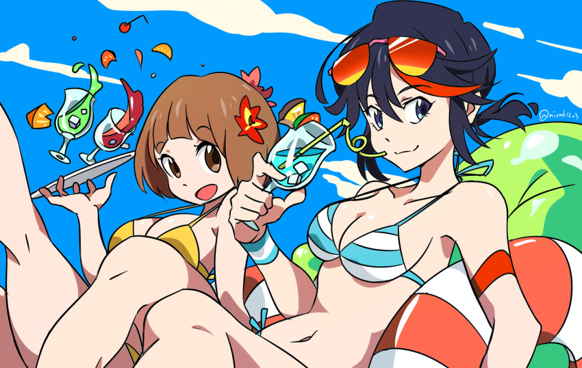 2girls bikini black_hair blue_background blue_bikini blue_eyes breasts brown_hair cherry closed_mouth cocktail collarbone drinking_straw eyewear_on_head flower food fruit hair_between_eyes hair_flower hair_ornament holding holding_plate ice ice_cube innertube kill_la_kill leg_up looking_at_viewer mankanshoku_mako matoi_ryuuko medium_breasts multicolored_hair multiple_girls navel nirak open_mouth plate reclining red_hair shiny_skin short_hair sky smile strap_gap streaked_hair striped_bikini striped_clothes sunglasses swim_ring swimsuit twitter_username two-tone_hair yellow_bikini