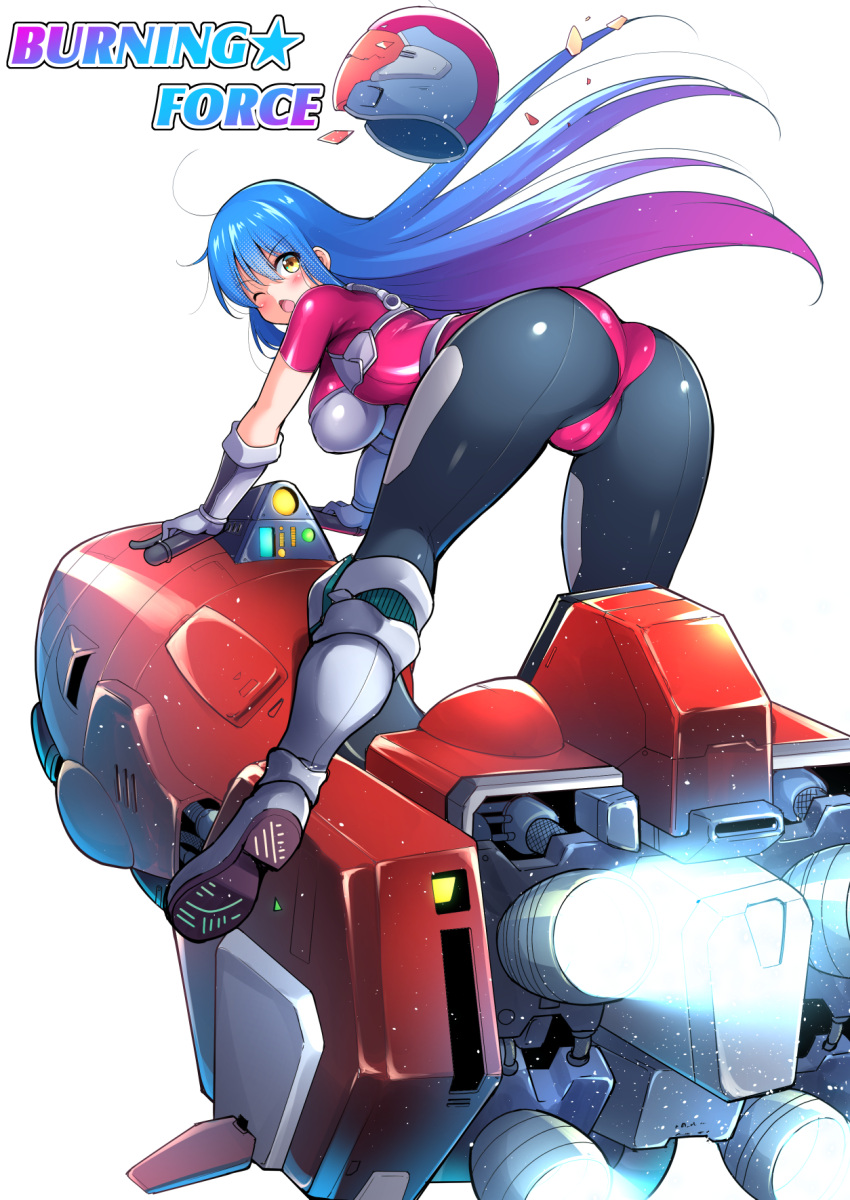 ass bent_over blue_hair boots breasts burning_force c.r. commentary_request copyright_name elbow_gloves female from_behind gloves helmet highres hover_bike large_breasts leotard long_hair looking_at_viewer looking_back motorcycle_helmet one_eye_closed open_mouth pink_leotard simple_background solo tengenji_hiromi unworn_headwear unworn_helmet white_background white_footwear white_gloves yellow_eyes