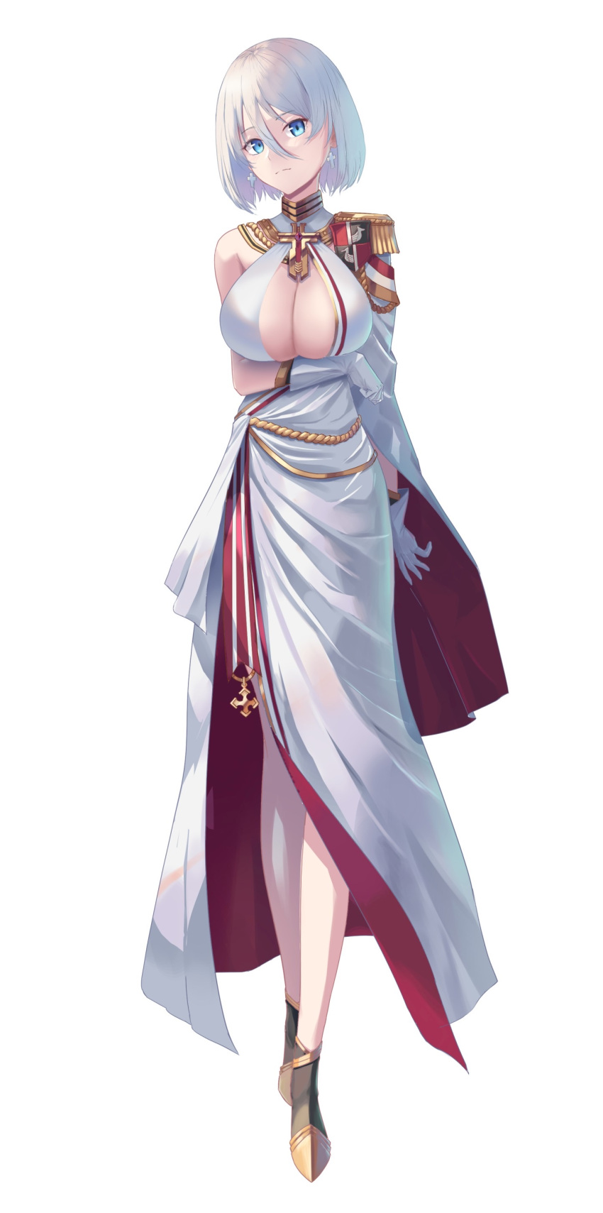 absurdres aiguillette arm_under_breasts asymmetrical_clothes asymmetrical_dress azur_lane black_footwear breasts cape center_opening cleavage cross cross_earrings dress earrings epaulettes evening_gown female full_body gloves hair_between_eyes highres iron_blood_(emblem) jewelry large_breasts lom_(lom_lom_8) official_alternate_costume short_hair simple_background single_epaulette solo tirpitz_(azur_lane) tirpitz_(iron_blood_snowstorm)_(azur_lane) white_background white_cape white_dress white_gloves white_hair