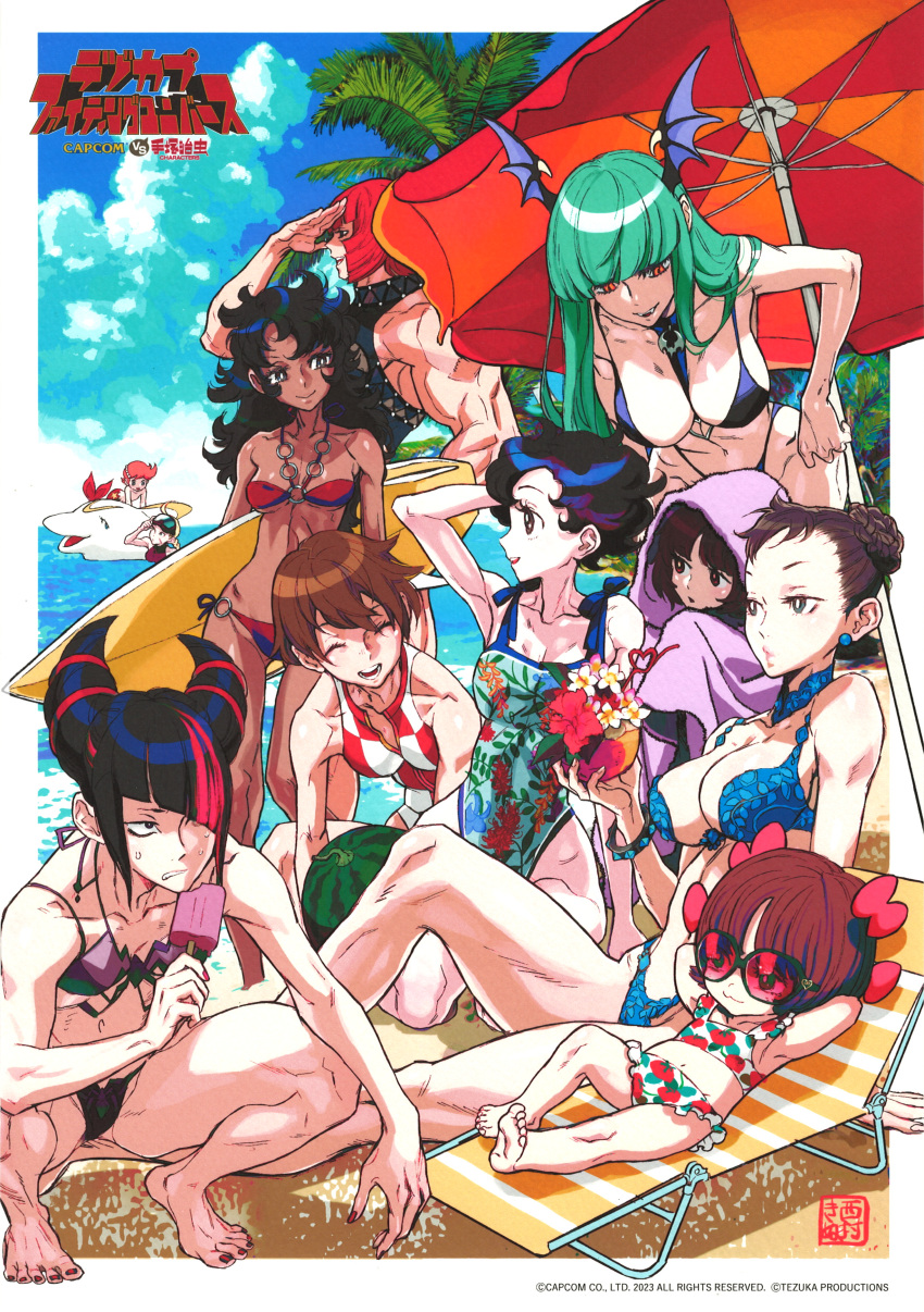 6+girls :3 :d absurdres beach beach_chair beach_umbrella bikini black_hair black_jack_(series) blonde_hair breasts brown_eyes brown_hair buddha_(tezuka_osamu) cammy_white capcom chocola_(don_dracula) chun-li closed_eyes coconut copyright_notice crossover dark-skinned_female dark_skin demon_girl don_dracula fangs food frown fruit green_hair hair_ribbon highres juri_han kasugano_sakura large_breasts long_hair looking_at_another marisa_(street_fighter) medium_breasts medium_hair migaila_(buddha_(tezuka_osamu)) morrigan_aensland multiple_girls muscular muscular_female nail_polish nishimura_kinu non-web_source official_art one-piece_swimsuit orange_eyes outdoors pinoko pipi_(umi_no_triton) popsicle princess_sapphire puckered_lips red_hair ribbon ribbon_no_kishi ruka_(umi_no_triton) scan scan_artifacts short_hair sitting small_breasts smile squatting street_fighter surfboard sweat swimsuit umbrella umi_no_triton vampire_(game) watermelon