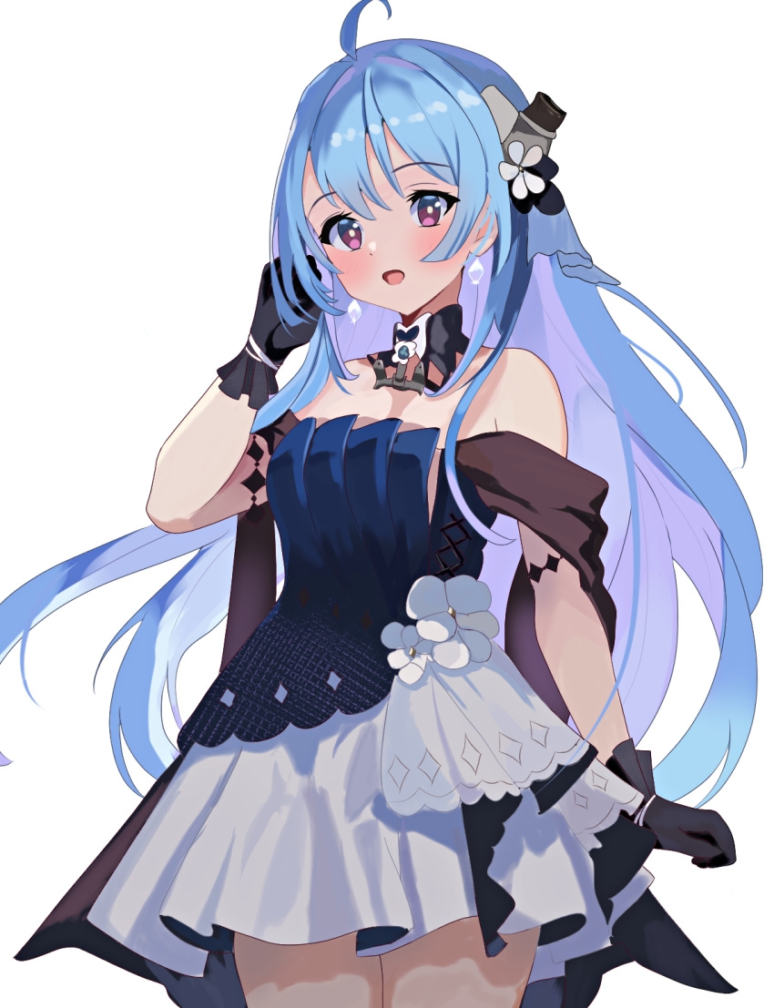 :d ahoge alternate_costume azur_lane bare_shoulders black_gloves blue_hair blush cowboy_shot dress earrings female formal gloves helena_(azur_lane) helena_(may_i_have_this_dance?)_(azur_lane) highres jewelry long_hair looking_at_viewer natsuki_(natsu_1936) official_alternate_costume open_mouth purple_eyes simple_background sleeveless smile solo very_long_hair white_background