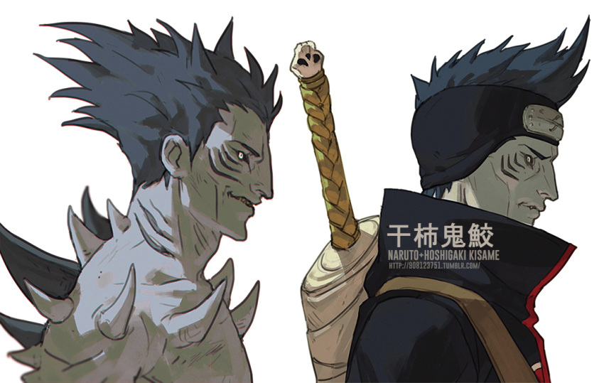 1boy akatsuki_uniform black_hair character_name character_profile colored_skin fish_boy fisher903 forehead_protector gills grey_skin hoshigaki_kisame kirigakure_symbol male_focus monster_boy naruto naruto_(series) ninja oerba_yun_fang open_mouth profile reference_sheet samehada_(naruto) shark_boy sharp_teeth short_hair simple_background skull solo spikes sword sword_behind_back sword_on_back teeth transformation upper_body weapon weapon_on_back white_background