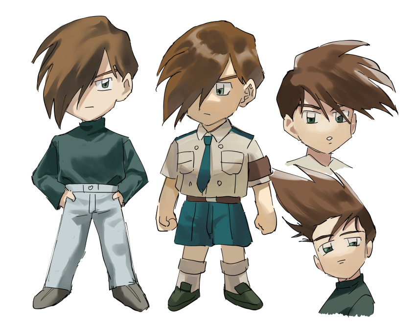 1boy absurdres armband blue_shorts brown_hair commentary_request denim expressionless full_body green_eyes green_necktie green_sweater gundam gundam_wing hair_over_one_eye hands_on_own_hips highres jeans long_sleeves looking_at_viewer male_focus multiple_views necktie pants protected_link short_hair short_sleeves shorts sweater tommmmieee trowa_barton uniform upper_body