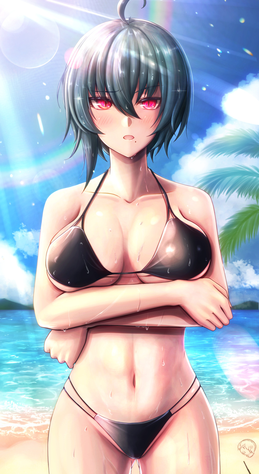 absurdres ahoge arms_under_breasts beach bikini black_bikini black_hair blue_sky breasts cleavage cloud cloudy_sky dead_angels female highres honkai_(series) honkai_impact_3rd jacket large_breasts looking_at_viewer mole mole_under_mouth navel open_clothes open_jacket open_mouth outdoors purple_eyes rainbow raven_(honkai_impact) sand short_hair sky solo swimsuit water