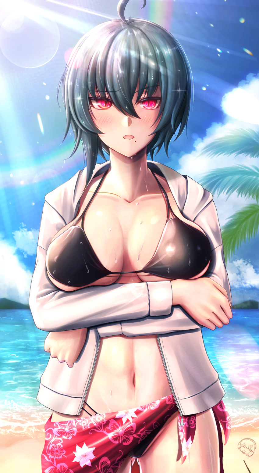 absurdres ahoge arms_under_breasts beach bikini black_bikini black_hair blue_sky breasts cleavage cloud cloudy_sky dead_angels female highres honkai_(series) honkai_impact_3rd jacket large_breasts long_sleeves looking_at_viewer mole mole_under_mouth navel open_clothes open_jacket open_mouth outdoors purple_eyes rainbow raven_(honkai_impact) sand short_hair sky solo swimsuit water white_jacket