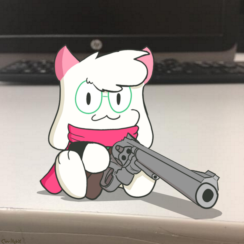 1:1 2022 3_toes anthro barefoot bovid caprine clothed clothing computer_keyboard cwitchy deltarune eyewear feet fur glasses goat green_eyewear green_glasses gun handgun horn looking_at_viewer mammal monotone_horn monotone_scarf pink_horn pink_scarf ralsei ralsei_with_a_gun ranged_weapon revolver scarf smith_&_wesson soles solo toes undertale_(series) weapon white_body white_fur