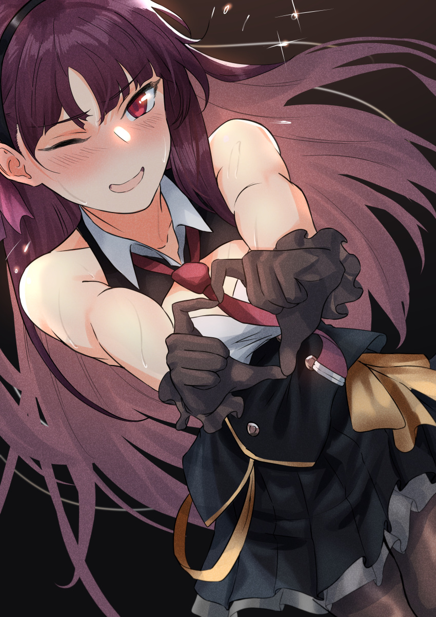 absurdres adapted_costume bare_shoulders black_dress black_gloves black_headband black_pantyhose blush buttons cleavage_cutout clothing_cutout commentary dress english_commentary female frilled_dress frilled_gloves frills girls'_frontline gloves headband heart heart_hands highres idol long_hair necktie one_eye_closed open_mouth pantyhose purple_hair red_eyes red_necktie shidoni sleeveless sleeveless_dress solo sweat wa2000_(girls'_frontline)