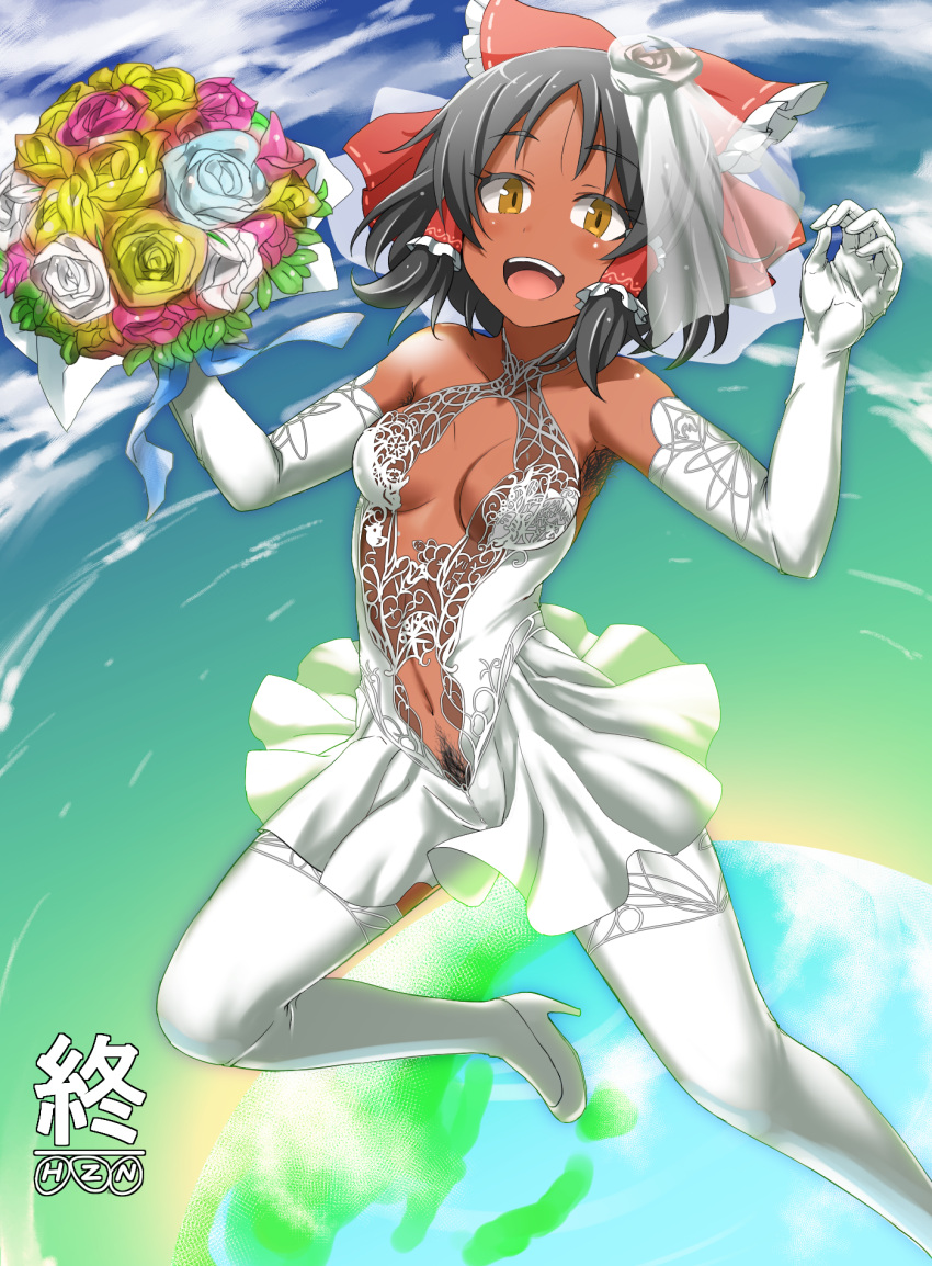 :d armpit_hair bad_id bad_pixiv_id bare_shoulders black_hair black_pubic_hair blush bouquet bow breasts bridal_veil center_opening collarbone commentary_request cookie_(touhou) dress elbow_gloves excessive_pubic_hair female female_pubic_hair flower foot_out_of_frame gloves hair_tubes hairbow hakurei_reimu highres holding holding_bouquet looking_at_viewer marakasu_(chinkasu) medium_breasts navel navel_hair open_mouth pantyhose pubic_hair red_bow riding rose sananana_(cookie) see-through short_hair smile tan touhou veil wedding_dress white_dress white_gloves white_legwear yellow_eyes