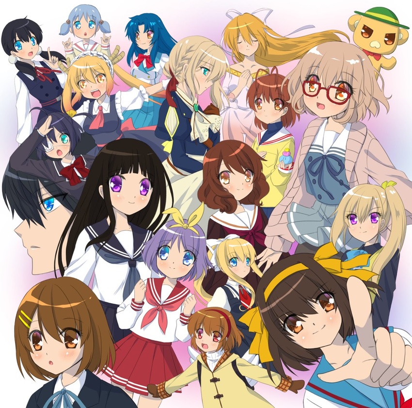 1boy 6+girls \m/ air_(visual_novel) amagi_brilliant_park annotated antenna_hair ascot backpack bag black_hair blazer blonde_hair blue_eyes blue_hair blue_neckwear blue_ribbon blue_sailor_collar blue_skirt bob_cut bow bowtie brown_eyes brown_hair brown_serafuku cardigan chestnut_mouth chidori_kaname chitanda_eru chuunibyou_demo_koi_ga_shitai! clannad coat commentary_request company_connection crossover cube_hair_ornament dango_daikazoku dragon_girl dragon_horns dress eyepatch free! full_metal_panic furukawa_nagisa glasses gradient_hair green_eyes hair_ornament hairband hibike!_euphonium hidaka_yumemi hiiragi_tsukasa hikarizaka_private_high_school_uniform hinoue_itaru hirasawa_yui horns hyouka icho_private_high_school_uniform index_finger_raised jacket jindai_high_school_uniform k-on! kamio_misuzu kamiyama_high_school_uniform_(hyouka) kanon kawakami_mai kita_high_school_uniform kitashirakawa_tamako kitauji_high_school_uniform kobayashi-san_chi_no_maidragon kuriyama_mirai kyoto_animation kyoukai_no_kanata long_hair low_twintails lucky_star maid maid_headdress medical_eyepatch mittens moffle multicolored_hair multiple_crossover multiple_girls musaigen_no_phantom_world naganohara_mio nanase_haruka_(free!) neck_ribbon neckerchief necktie nichijou one_side_up open_cardigan open_clothes orange_eyes orange_hair oumae_kumiko pantyhose pinafore_dress pointing ponytail purple_eyes purple_hair red-framed_eyewear red_ascot red_bow red_bowtie red_eyes red_neckerchief red_necktie red_sailor_collar red_skirt ribbon ryouou_school_uniform sailor_collar sakuragaoka_high_school_uniform school_uniform serafuku short_hair short_twintails skirt sleeveless sleeveless_dress sora_wo_miageru_shoujo_no_hitomi_ni_utsuru_sekai suzumiya_haruhi suzumiya_haruhi_no_yuuutsu takanashi_rikka tamako_market tohru_(maidragon) tokisadame_school_uniform tsukimiya_ayu twintails violet_evergarden violet_evergarden_(series) white_dress white_sailor_collar winged_bag winter_uniform yellow_eyes yellow_hairband