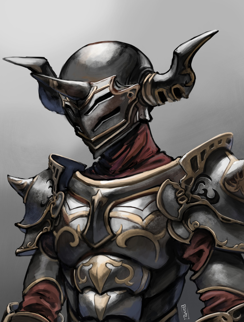 1boy absurdres armor black_armor breastplate dark_fencer_(granblue_fantasy) fake_horns full_armor gran_(granblue_fantasy) granblue_fantasy grey_background helm helmet highres horned_headwear horned_helmet horns male_focus pauldrons reze_(rewindze) shoulder_armor signature solo upper_body vambraces