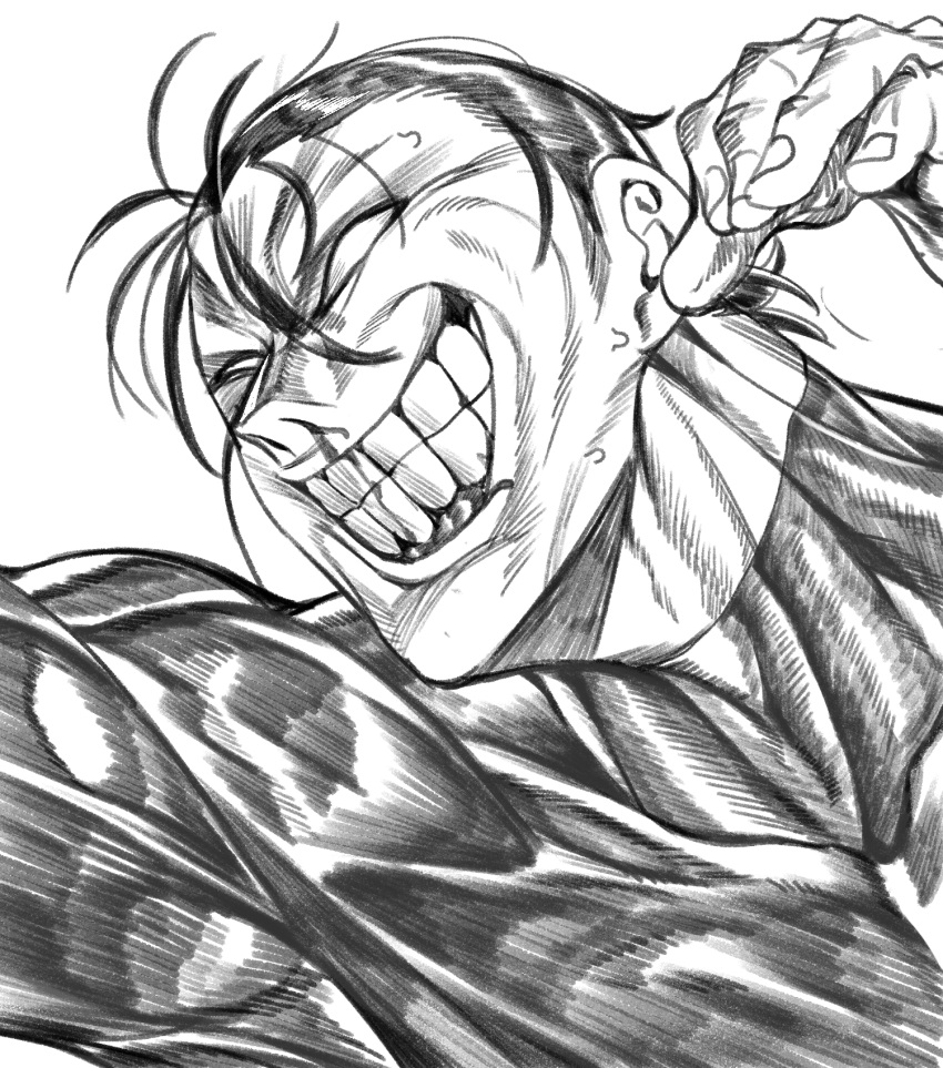 1boy armpits clenched_teeth commentary_request fingernails greyscale hair_between_eyes hatching_(texture) highres kanoh_agito kengan_(series) kengan_ashura korean_commentary male_focus monochrome muscular muscular_male no_pupils partial_commentary simple_background solo sweat teeth upper_body urec white_background