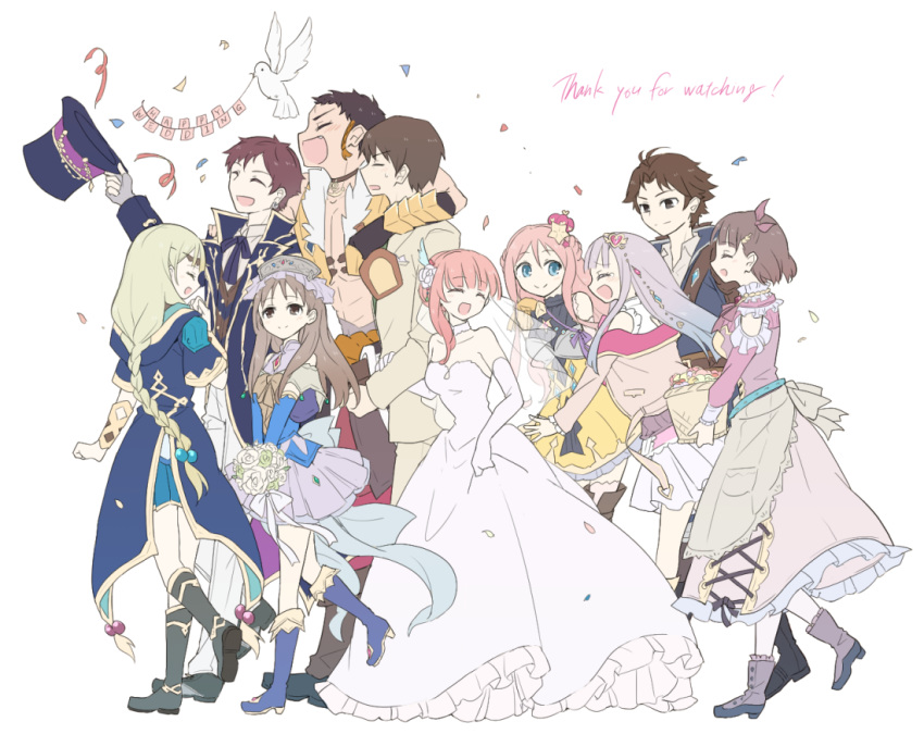 4boys 6+girls atelier_(series) atelier_lulua black_hair blonde_hair bouquet braid bridal_veil brown_hair christoph_aurel_arland circlet commentary_request confetti dress elmerulia_fryxell eva_armster ficus_finis flower hat karasumi_(aiseec) long_hair merurulince_rede_arls multiple_boys multiple_girls nicodemus_david_dieter piana_(atelier) pink_hair purple_hair rororina_fryxell short_hair sterkenburg_cranach tilted_headwear top_hat totooria_helmold veil wedding_dress