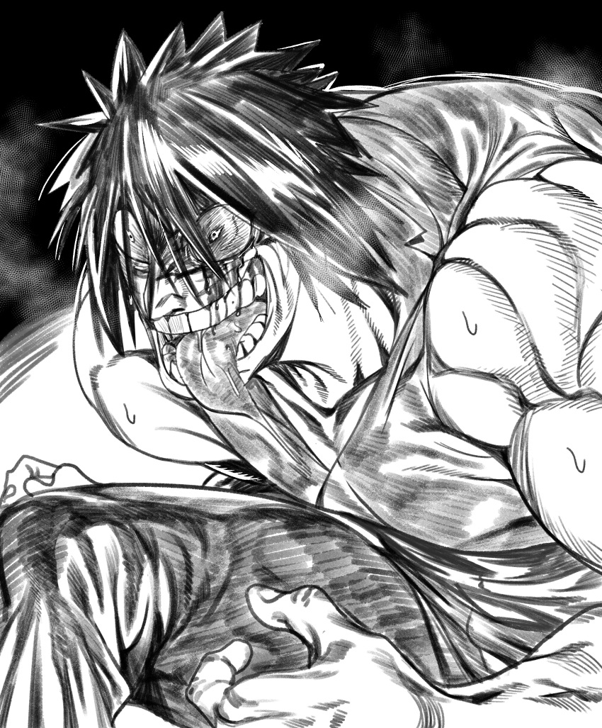 1boy absurdres bleeding blood blood_from_eyes breath collarbone commentary_request crazy_eyes dripping fingernails greyscale hair_between_eyes hatching_(texture) highres kengan_(series) kengan_ashura korean_commentary male_focus meguro_masaki monochrome muscular muscular_male open_mouth partial_commentary saliva saliva_trail solo sweat teeth tongue tongue_out urec