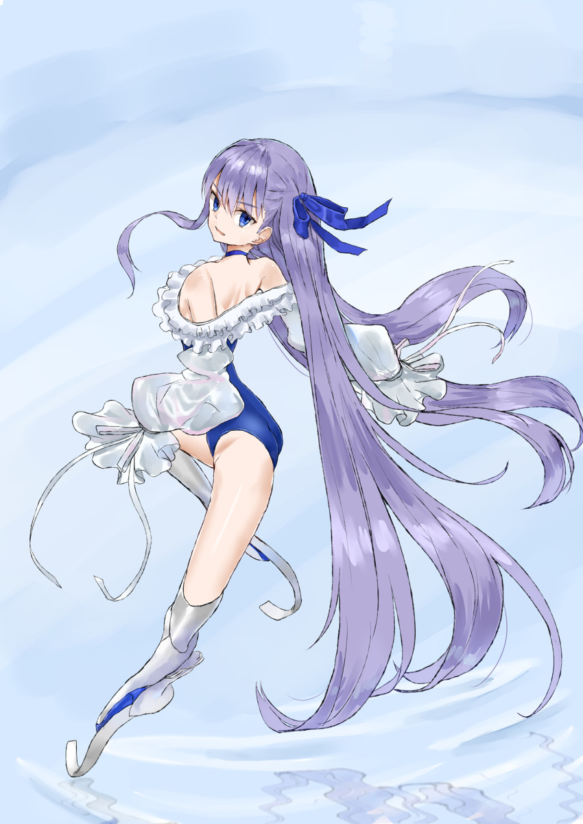 armor back bare_shoulders blue_eyes blue_one-piece_swimsuit blue_ribbon breasts choker fate/grand_order fate_(series) female frills greaves hair_between_eyes hair_ribbon highleg highleg_swimsuit highres kei201107 long_hair long_sleeves looking_at_viewer meltryllis_(fate) meltryllis_(swimsuit_lancer)_(fate) one-piece_swimsuit open_mouth puffy_sleeves purple_hair ribbon sleeves_past_fingers sleeves_past_wrists small_breasts smile solo standing standing_on_liquid swimsuit thighs very_long_hair water