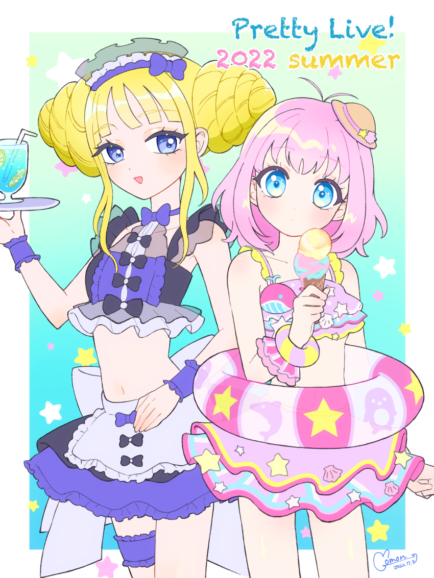 2girls absurdres amauri_miruki antenna_hair apron bikini bikini_skirt blonde_hair blue_background blue_eyes blunt_bangs bow bracelet cocktail cocktail_glass commentary_request cowboy_shot cup double_bun drinking_glass drinking_straw food frilled_bikini frills hair_bun hairband hand_up hat highres holding holding_food holding_ice_cream holding_plate ice_cream ice_cream_cone innertube jewelry kokoa_remon looking_at_viewer maid maid_bikini mini_hat momokan_(mmkn100) multiple_girls navel open_mouth pink_bikini pink_hair plate pretty_series purple_bikini purple_bow purple_hairband short_hair sidelocks smile standing star_(symbol) swim_ring swimsuit unconventional_maid waccha_primagi! waist_apron wrist_cuffs