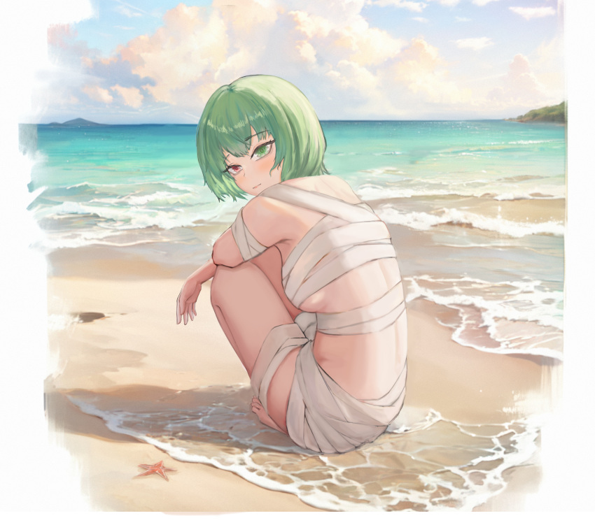 absurdres ar0_(user_zmza5884) bandaged_arm bandaged_chest bandages barefoot beach blush breasts cloud day eto_(tokyo_ghoul) female green_eyes green_hair highres looking_at_viewer looking_to_the_side medium_breasts naked_bandage ocean outdoors sand short_hair sitting solo tokyo_ghoul tokyo_ghoul:re water