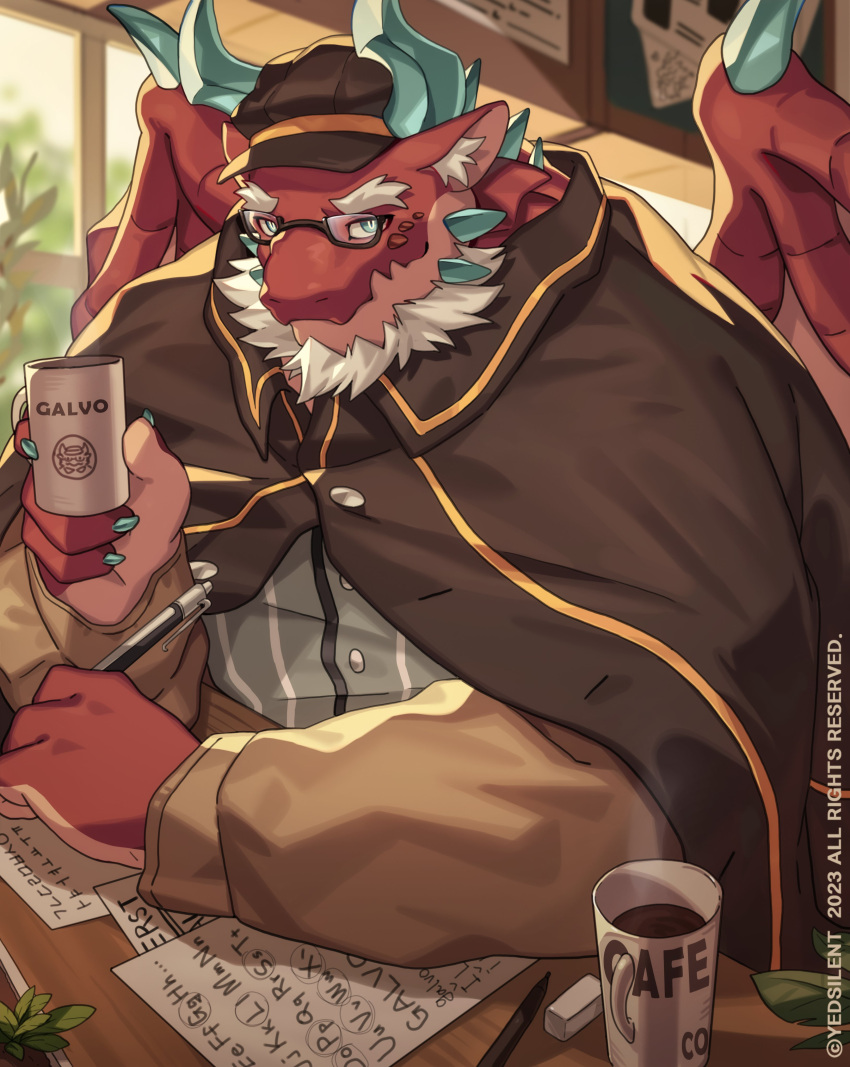 absurd_res anthro beard beverage clothing coffee dragon eyebrows facial_hair galvo hair hat headgear headwear hi_res lifewonders live_a_hero male mature_male mythological_creature mythological_scalie mythology red_body scalie solo thick_eyebrows white_hair wings yed