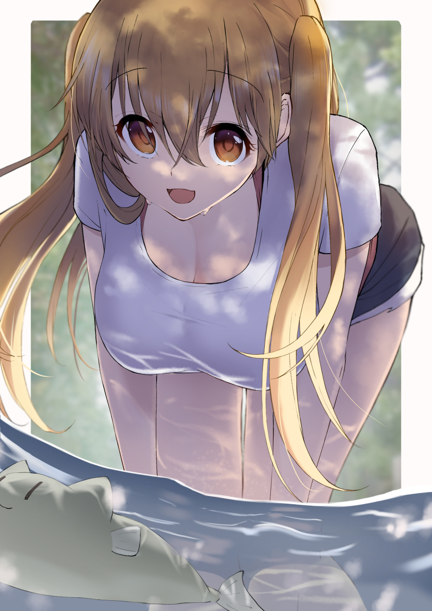 :d absurdres breasts brown_eyes brown_hair cleavage commentary_request crossed_bangs dappled_sunlight day eyelashes female fish hair_between_eyes hanging_breasts highres kootee-on large_breasts leaning_forward long_hair looking_at_viewer minagi_koharu open_mouth outdoors sea_nyan shirt short_sleeves shorts slow_loop smile solo standing sunlight tareme twintails upturned_eyes water wet white_shirt |_|