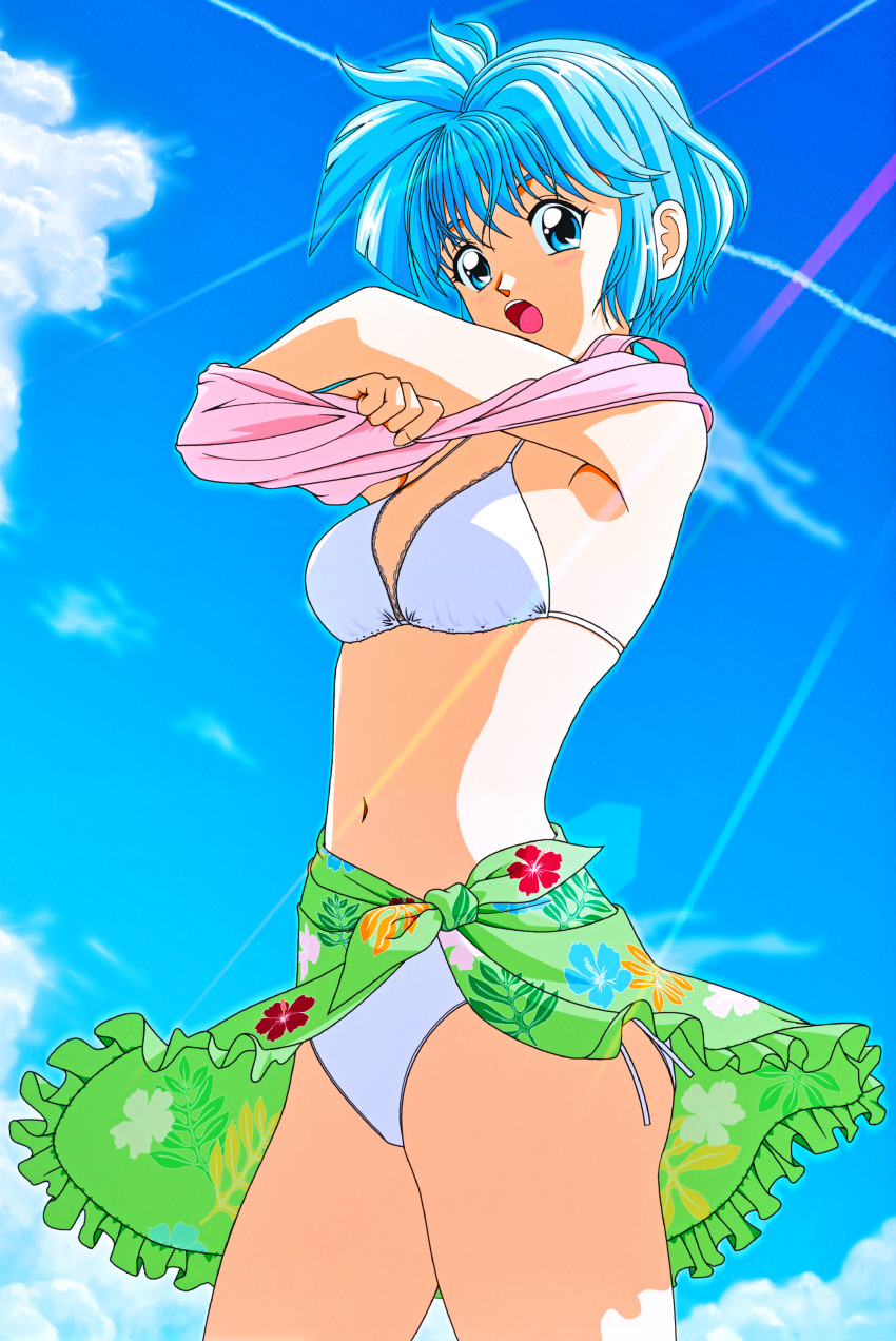 absurdres bikini blue_eyes blue_hair blue_sky clothes_lift cowboy_shot day female floral_print highres kokura_masashi light_rays navel nijino_saki non-web_source official_art outdoors pink_shirt sarong shirt shirt_lift short_hair side-tie_bikini_bottom sky solo swimsuit tokimeki_memorial tokimeki_memorial_1 white_bikini