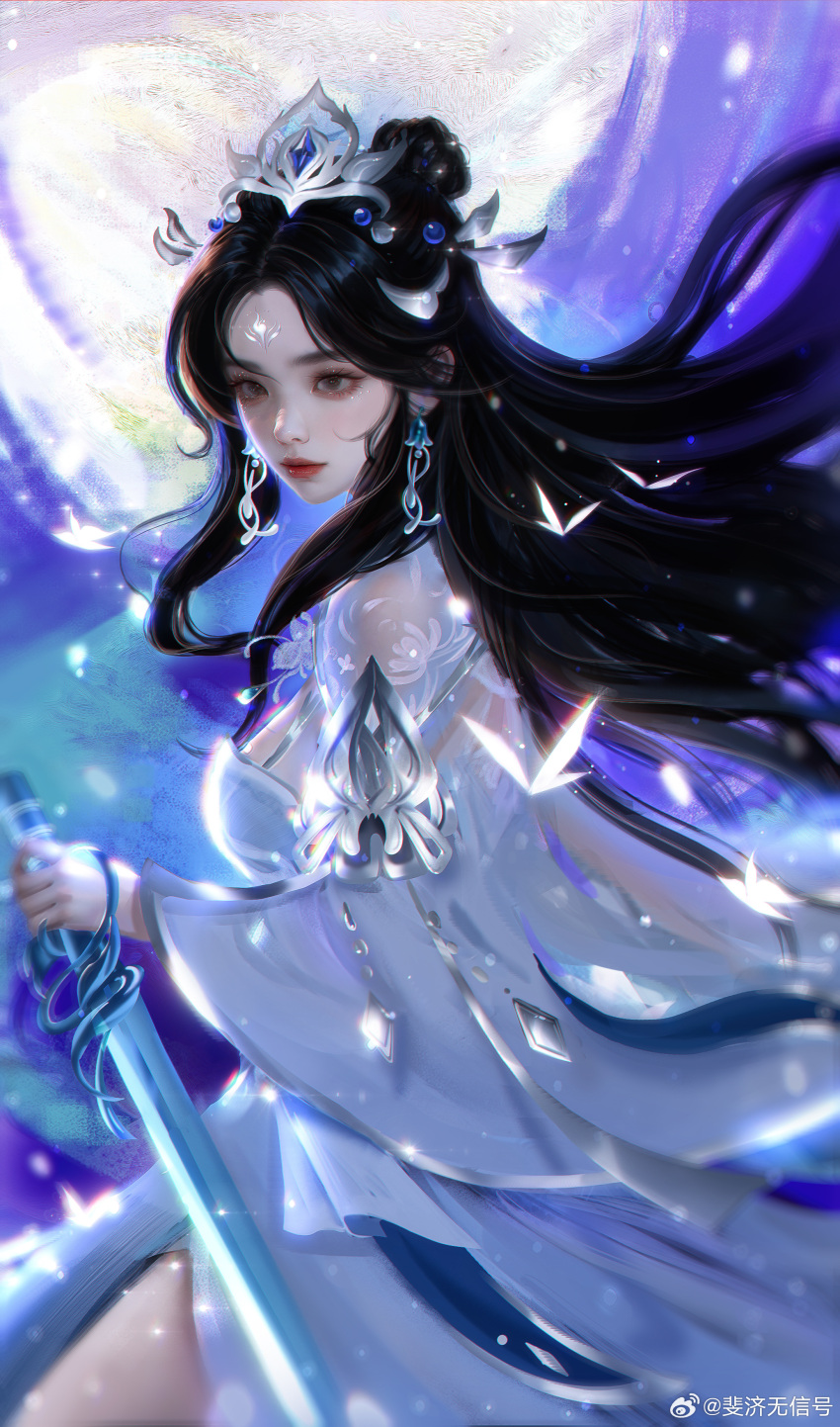 absurdres artist_request black_hair bug butterfly closed_mouth dress earrings eye_mask facial_mark female forehead_mark from_side hair_bun highres holding holding_sword holding_weapon jewelry long_hair long_sleeves lu_xueqi_(zhu_xian) night reverse_grip second-party_source solo sword upper_body weapon white_dress zhu_xian