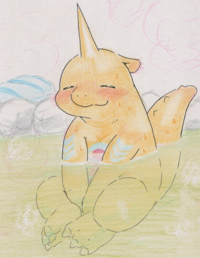 ambiguous_gender anthro bandai_namco bathing belly belly_markings blush closed_eyes digimon digimon_(species) gabumon hi_res horn hot_spring markings nude partially_submerged scalie slightly_chubby smile solo tabasukotrr traditional_media_(artwork) water