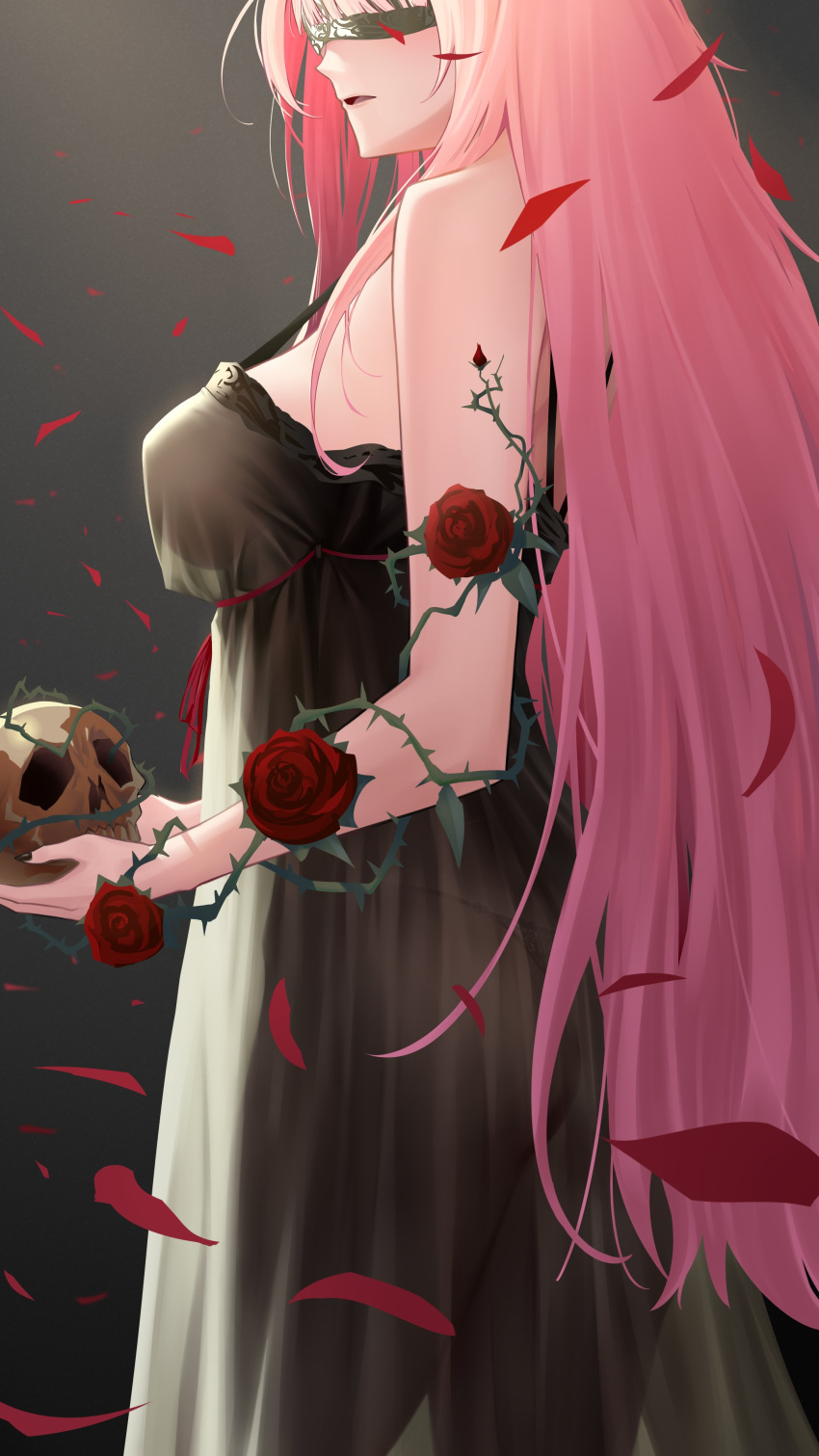 absurdres ass black_blindfold black_nails black_nightgown blindfold breasts falling_petals female flower highres hololive hololive_english large_breasts long_hair mori_calliope mori_calliope_(sleepwear) nightgown official_alternate_costume panties_visible_through_clothes parted_lips petals red_flower red_rose rose skull solo somebody_(leiking00) strap_gap thorns very_long_hair virtual_youtuber