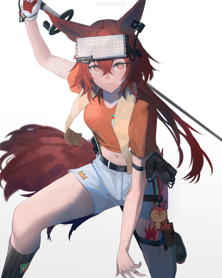 absurdres animal_ears arknights black_socks charm_(object) cropped_shirt earpiece exoius female flametail_(arknights) flametail_(sport_for_all)_(arknights) hair_between_eyes head-mounted_display highres holding holding_sword holding_weapon long_hair looking_at_viewer midriff navel official_alternate_costume on_one_knee orange_eyes orange_shirt red_hair shirt short_sleeves shorts simple_background socks solo squirrel_ears squirrel_girl squirrel_tail sword tail weapon white_background white_shorts