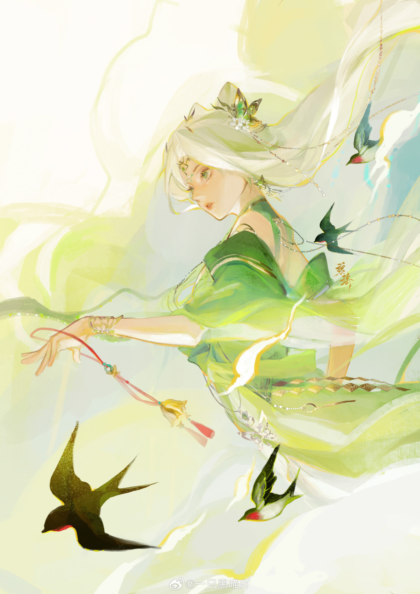 absurdres baiguio_(zhu_xian) bare_shoulders beads bird bracelet cloud cone_hair_bun detached_sleeves dress female floating_hair from_side green_dress green_eyes hair_bun hair_ornament highres jewelry liu_yan_feiyu long_hair parted_lips second-party_source solo teeth zhu_xian