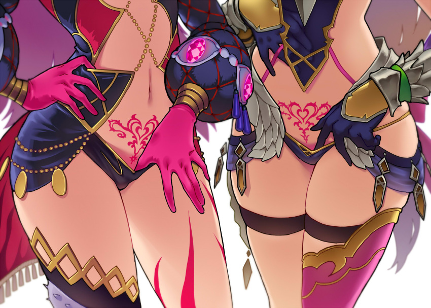 144_(riesztan) 2girls angela_(seiken_densetsu_3) angela_(trials_of_mana) armor bare_thighs blonde_hair bottom_view close-up clothed clothed_female clothes clothes_pull clothing crotch_focus enemy_conversion feathers female female_focus female_only femsub gloves hand_on_hip hand_on_stomach head_out_of_frame heart heart_tattoo highres hraesvelgr_(seiken_densetsu_3) impossible_clothes inner_thighs jewelry long_hair multiple_girls multiple_subs navel pubic_tattoo purple_hair revealing_clothes riesz seiken_densetsu seiken_densetsu_3 skimpy skimpy_armor skimpy_clothes skin_tight skindentation skinny skintight spellcaster_(seiken_densetsu_3) square_enix submissive_female tattoo tattoos tease teasing thick thick_thighs thigh_strap thighs trials_of_mana white_background