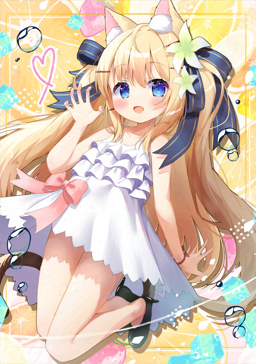 :d animal_ear_fluff animal_ears bare_arms bare_shoulders black_bow black_footwear blonde_hair blue_eyes blush bow cat_ears cat_girl cat_tail claw_pose commentary_request dress female flower food fruit glaze_artifacts green_flower hair_between_eyes hair_flower hair_ornament hairbow hairclip hand_up heart high_heels highres ice ice_cube long_hair looking_at_viewer orange_(fruit) orange_slice original pink_bow shoes siera_(sieracitrus) sleeveless sleeveless_dress smile solo strawberry tail two_side_up very_long_hair white_dress