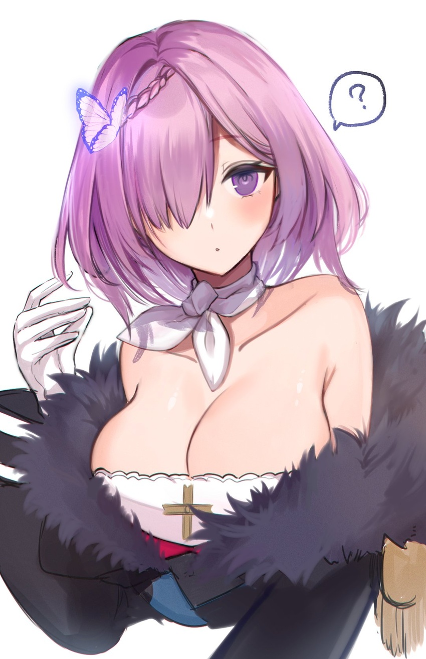 ? armpit_crease azur_lane bare_shoulders black_coat blush braid breasts bug butterfly chan'nu cleavage coat collarbone commentary cropped_torso cross female fur-trimmed_coat fur_trim gloves hair_over_one_eye hand_up highres large_breasts long_sleeves looking_at_viewer neck_ribbon off_shoulder parted_lips penelope_(azur_lane) purple_eyes purple_hair ribbon short_hair simple_background solo spoken_question_mark white_background white_gloves white_ribbon