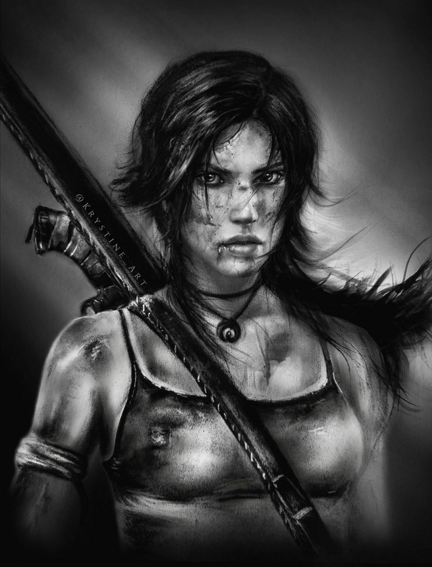 arm_strap blood blood_on_face breasts camisole commentary dirty dirty_clothes dirty_face female furrowed_brow greyscale highres jewelry krystine_art lara_croft long_hair medium_breasts messy_hair monochrome necklace realistic serious solo tomb_raider tomb_raider_(reboot) twitter_username