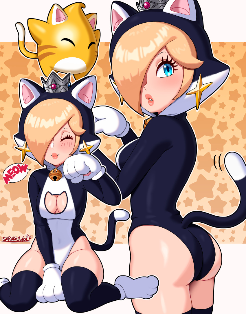 1other absurdres adapted_costume animal_costume animal_hands animal_hood ass bell black_thighhighs blonde_hair blue_eyes blush breasts cat_costume cat_cutout cat_hood cat_rosalina cleavage cleavage_cutout clothing_cutout crown earrings eyelashes female gloves hair_over_one_eye highres hood jewelry leotard luma_(mario) mario_(series) mini_crown neck_bell paw_gloves paw_pose paw_shoes rosalina sarukaiwolf smile speech_bubble star_(symbol) star_earrings super_bell super_mario_3d_world thighhighs