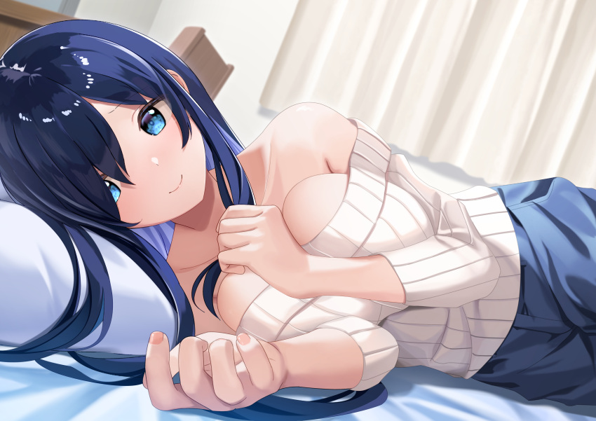 absurdres bed_sheet blue_eyes blue_hair blue_pants blush breasts chair collarbone curtains denim desk female highres indoors jeans large_breasts long_hair long_sleeves looking_at_viewer lying non-web_source on_bed on_side original pants pillow ribbed_sweater shimofuri_takenoko sidelocks smile solo sweater white_sweater