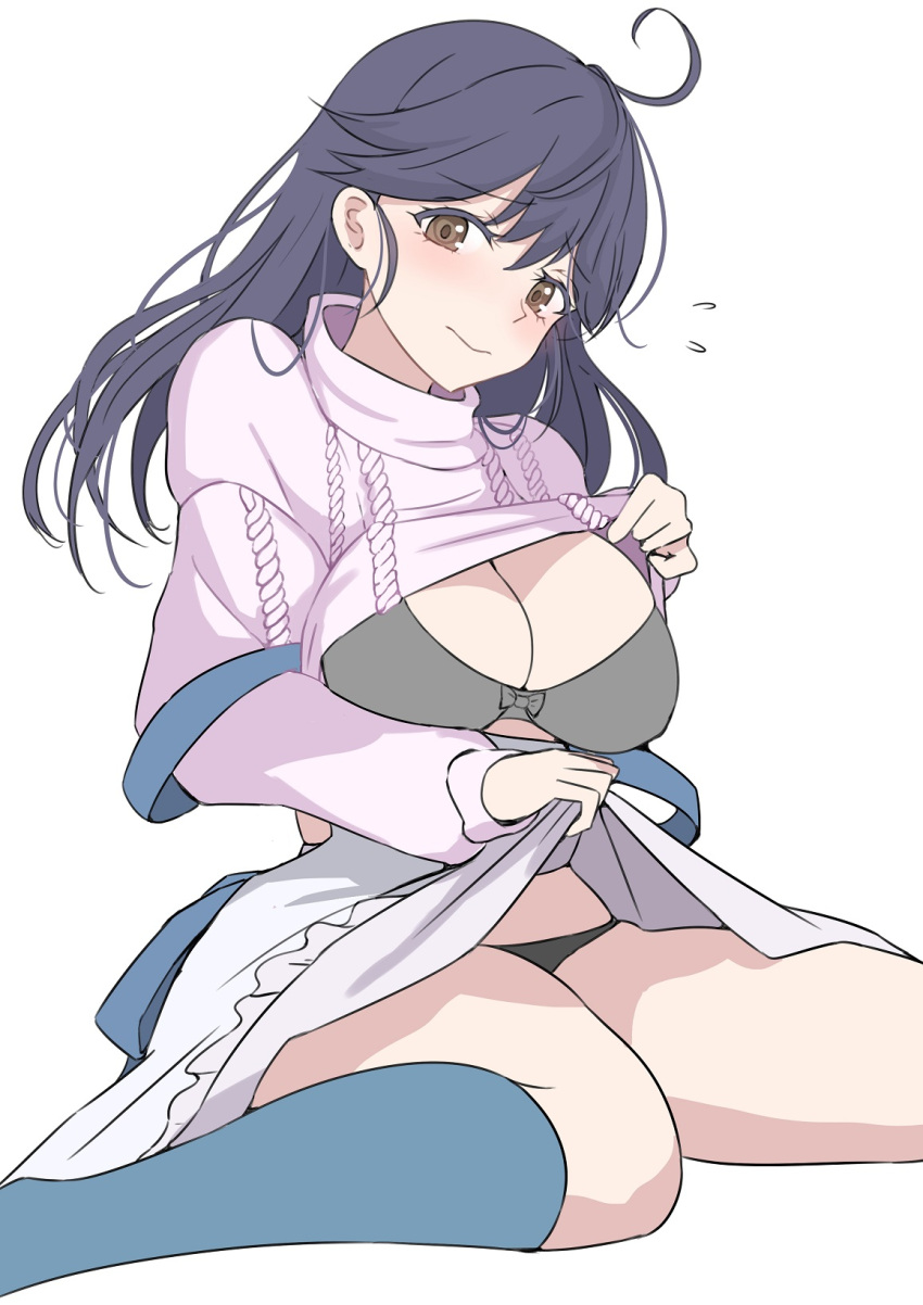 black_hair black_panties blue_socks bra breasts brown_eyes clothes_lift commentary_request female flying_sweatdrops grey_bra highres kantai_collection ken_(shutenndouji1) long_hair official_alternate_costume panties simple_background sitting skirt socks solo sweater sweater_lift underwear ushio_(kancolle) wariza white_background white_skirt white_sweater