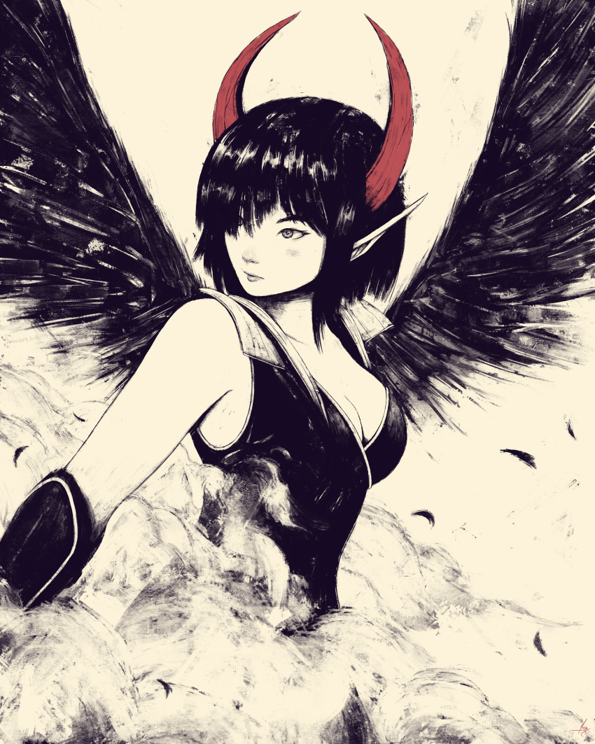 absurdres akramness bare_shoulders black_dress black_hair black_wings breasts cleavage closed_mouth commentary dress female hair_over_one_eye highres horns medium_hair original pointy_ears red_horns simple_background sleeveless sleeveless_dress smoke solo upper_body white_background wings